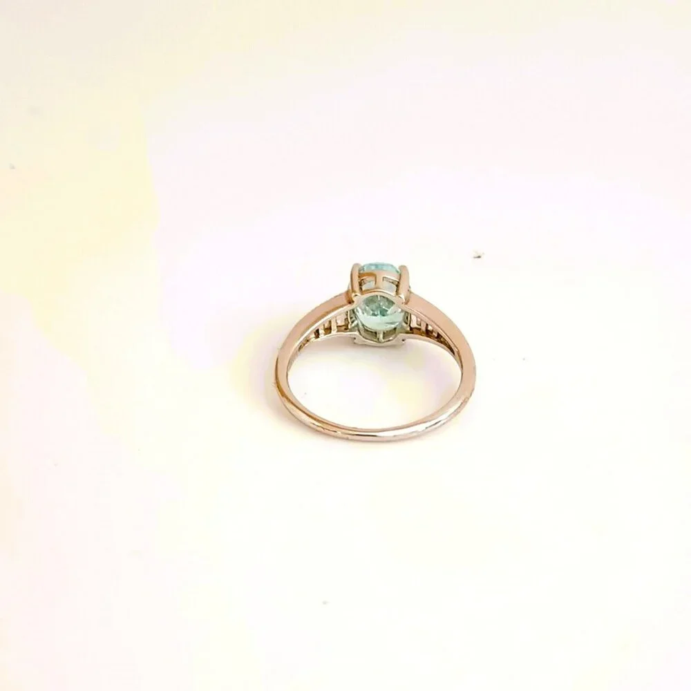 IBB 925 Light Blue Ring 7 Sterling Silver Solitaire with Clear Baguettes